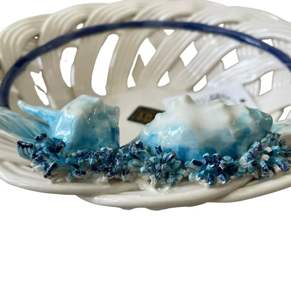 Ceramiche D’arte Handmade In Italy Basket Weave Bowl with Sea Creatures 11in NEW